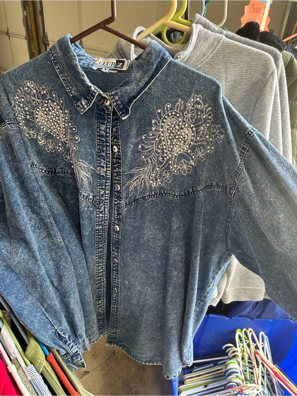 Embroidered Acid-Wash Denim Button-Up Shirt